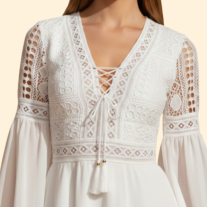 Women's Lace Detail Dress with Trumpet Sleeves