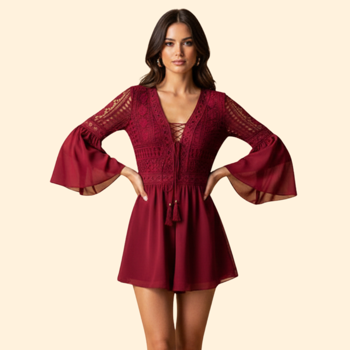 Women's Lace Detail Dress with Trumpet Sleeves