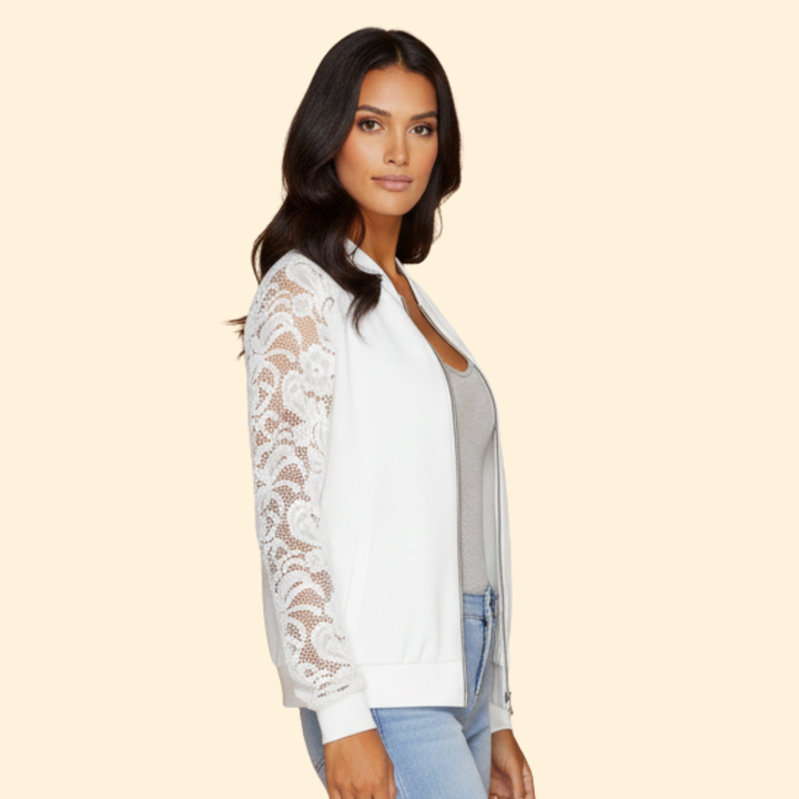 Women’s Bomber Jacket with Lace Sleeve Detail