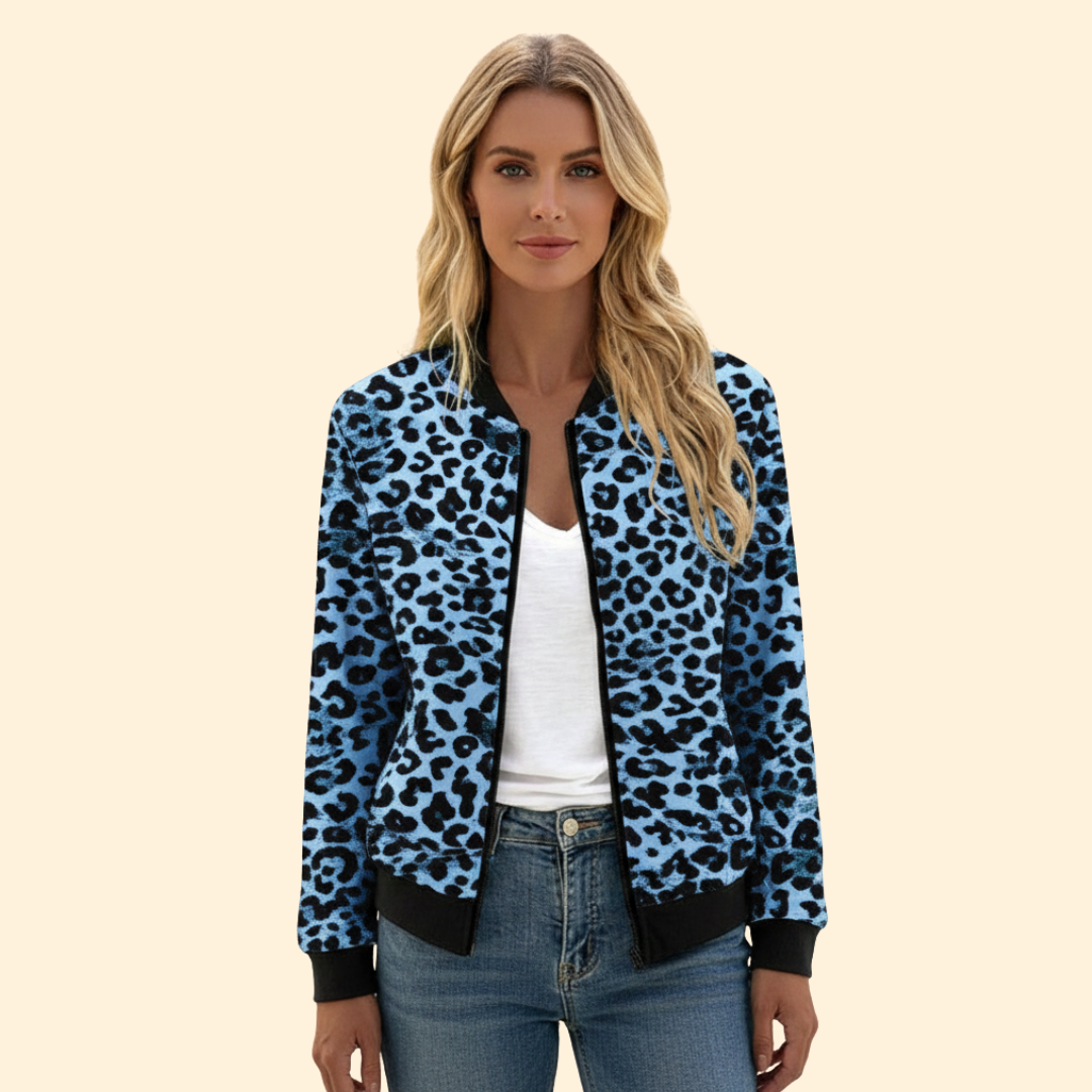 Women’s Leopard Print Bomber Jacket with Zip Closure