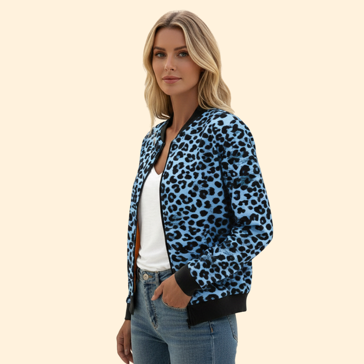 Women’s Leopard Print Bomber Jacket with Zip Closure