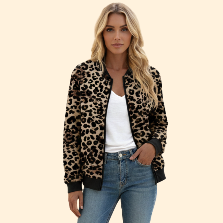 Women’s Leopard Print Bomber Jacket with Zip Closure