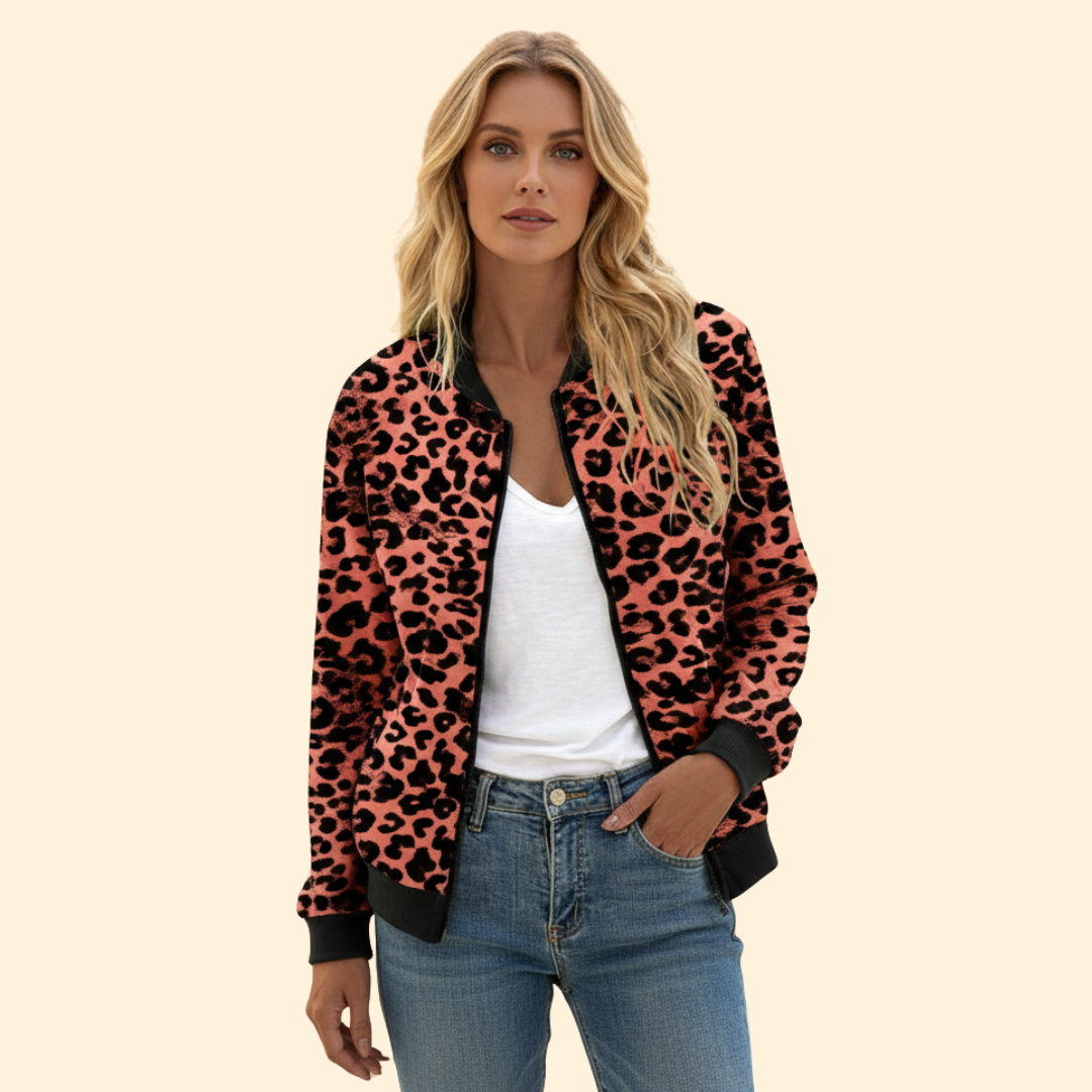 Women’s Leopard Print Bomber Jacket with Zip Closure