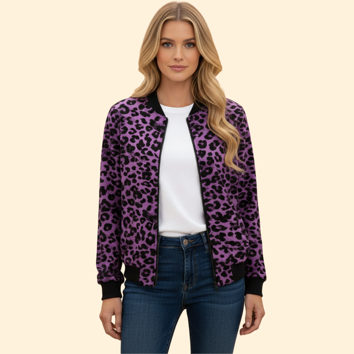 Women’s Leopard Print Bomber Jacket with Zip Closure