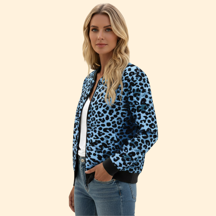 Women’s Leopard Print Bomber Jacket with Zip Closure