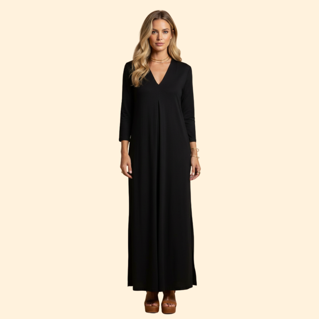 Women's Long Dress with Pleated V-Neck