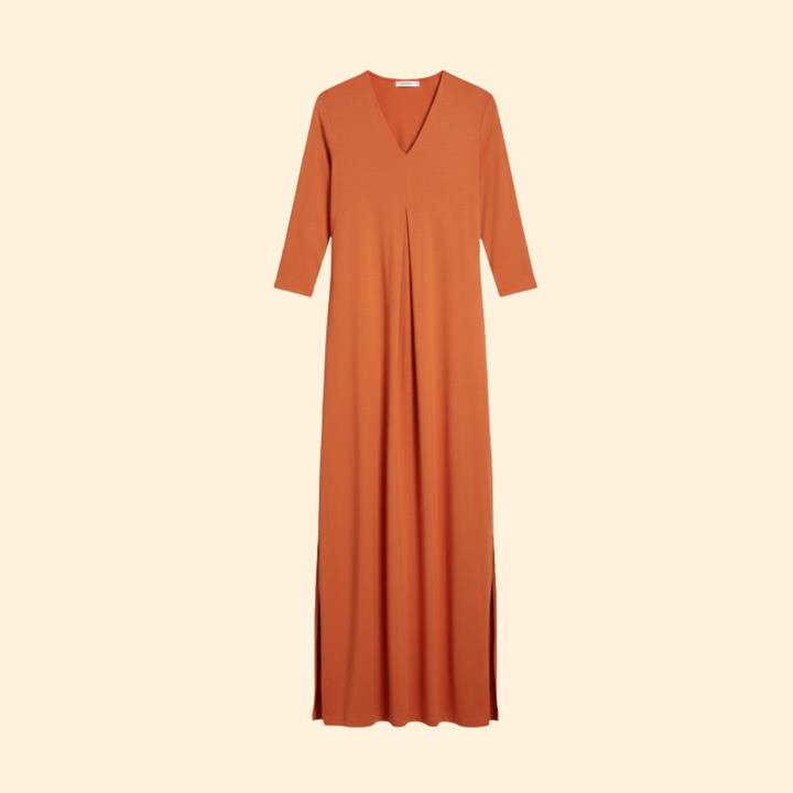 Women's Long Dress with Pleated V-Neck