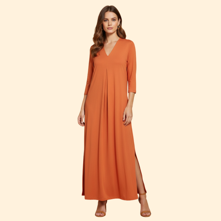 Women's Long Dress with Pleated V-Neck
