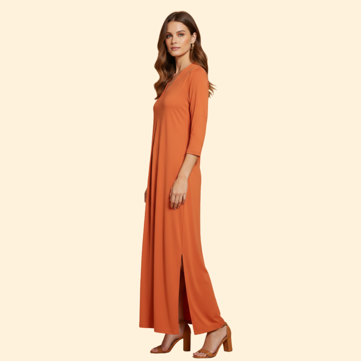 Women's Long Dress with Pleated V-Neck
