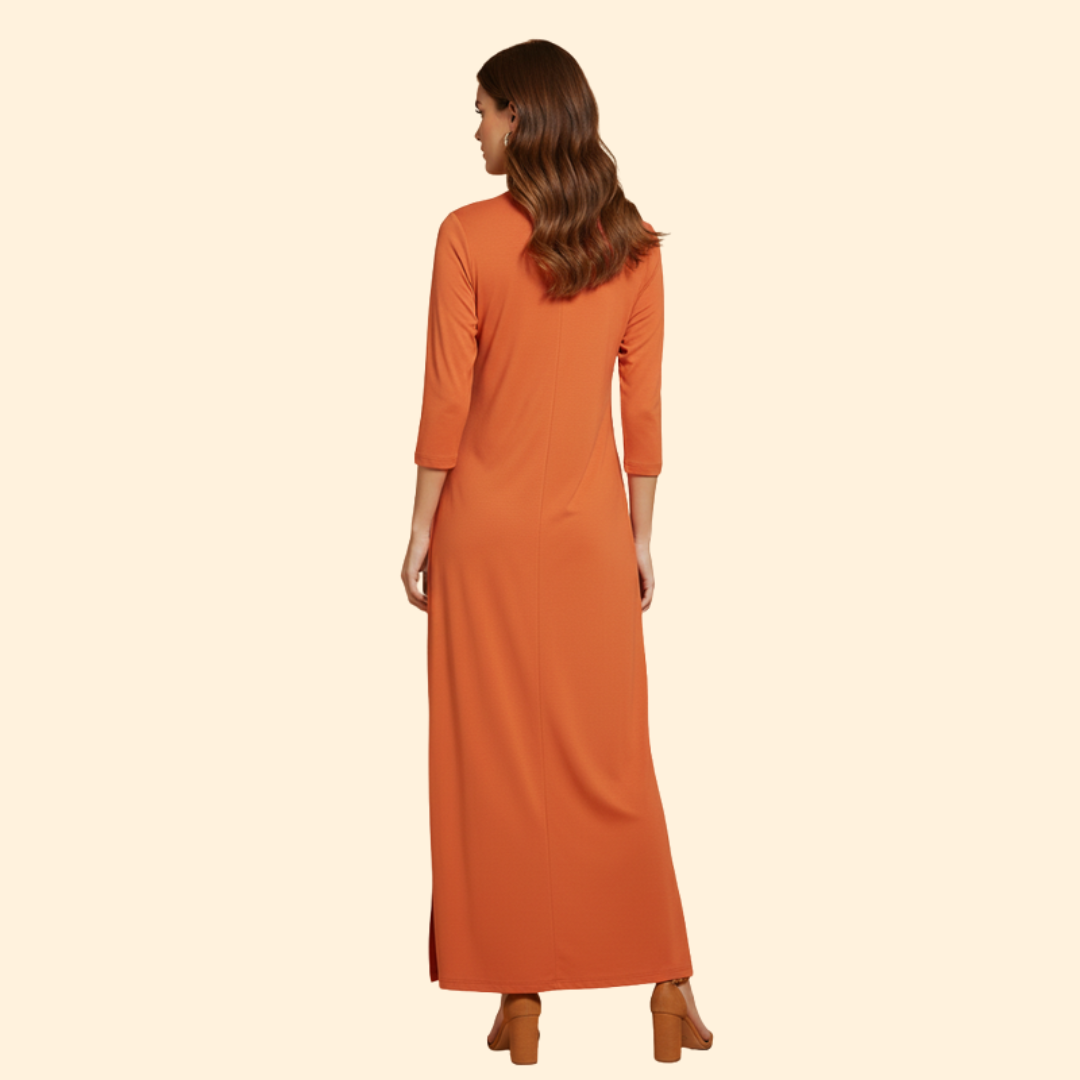 Women's Long Dress with Pleated V-Neck