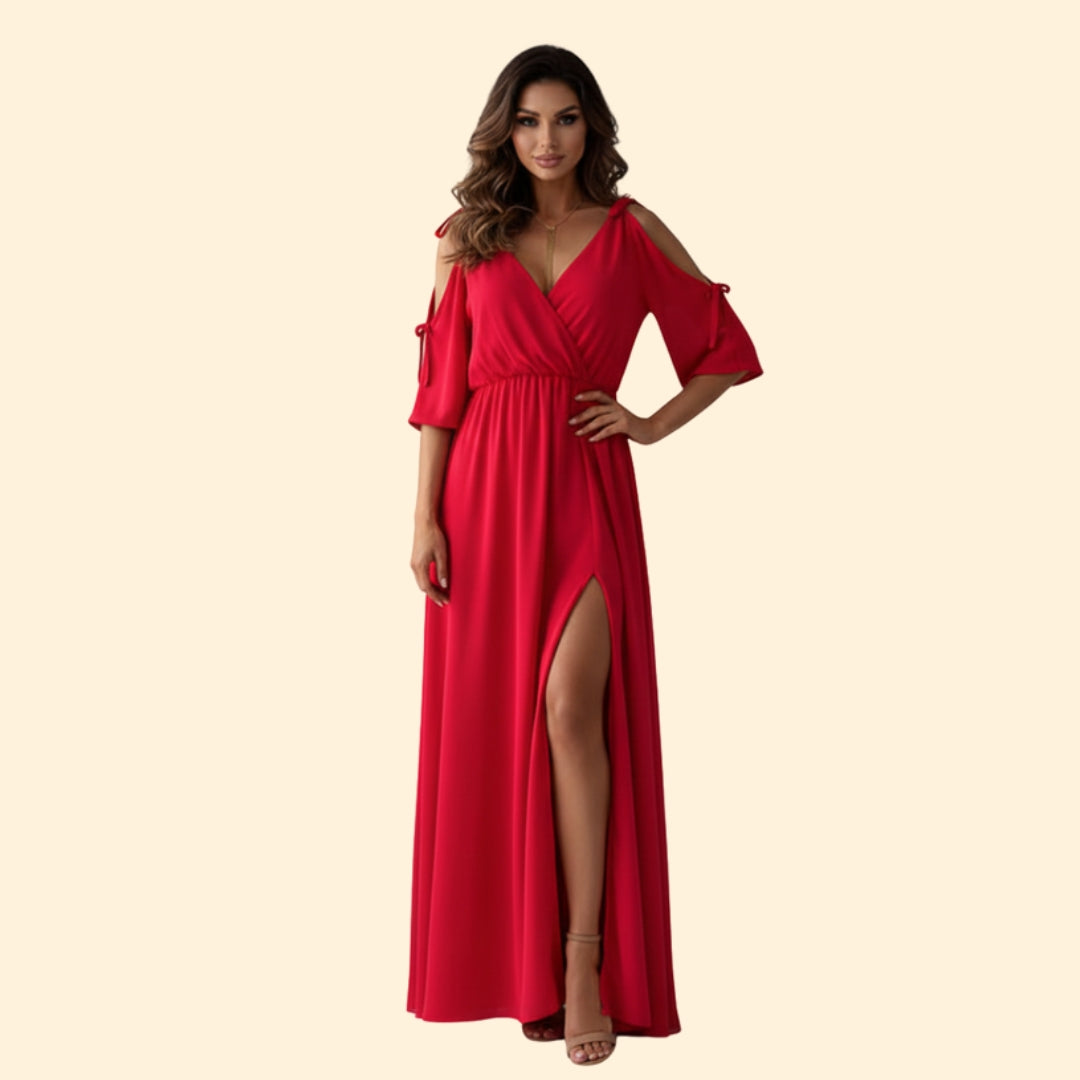 Women’s Long Dress with V-Neck and Slit