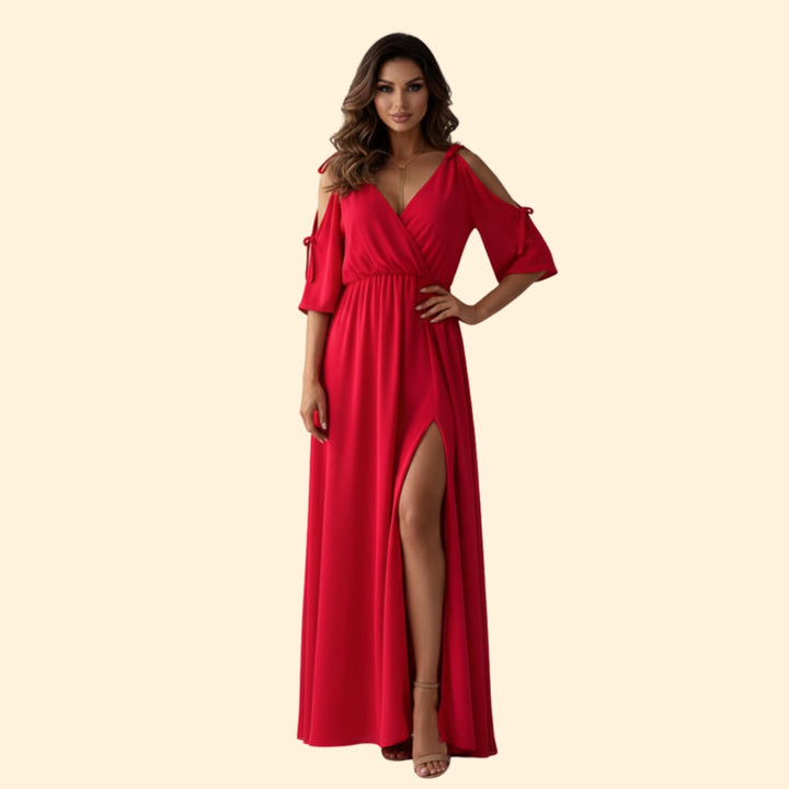 Women’s Long Dress with V-Neck and Slit
