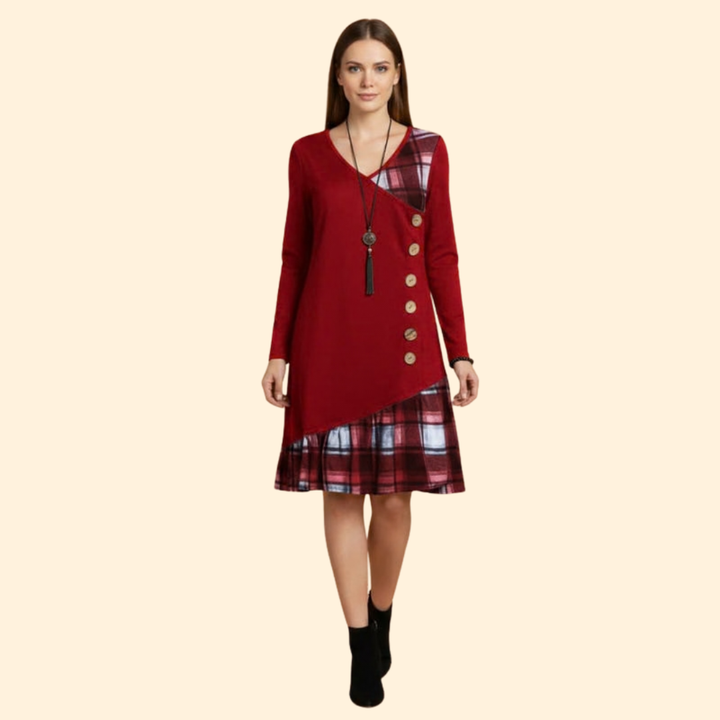 Women's Long Sleeve Dress with Plaid Hem