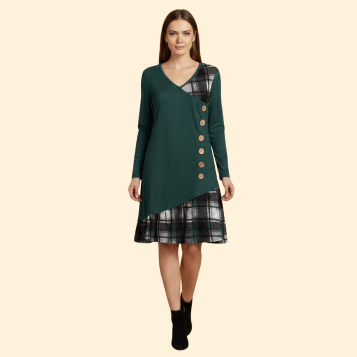 Women's Long Sleeve Dress with Plaid Hem