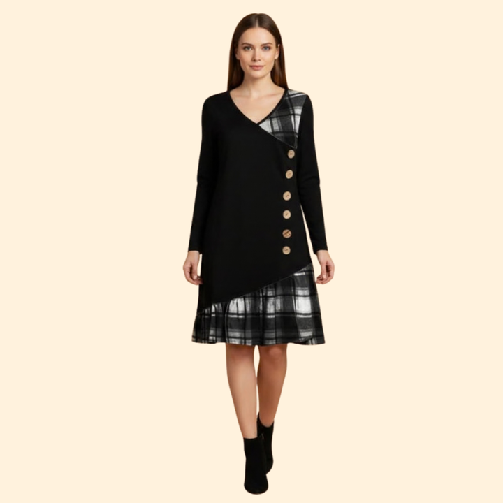 Women's Long Sleeve Dress with Plaid Hem