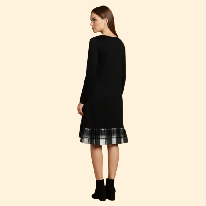 Women's Long Sleeve Dress with Plaid Hem