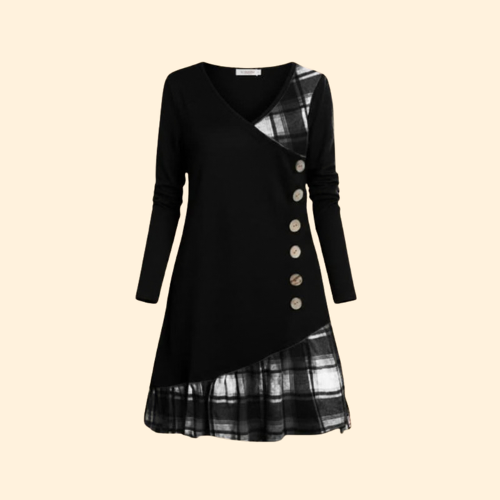 Women's Long Sleeve Dress with Plaid Hem
