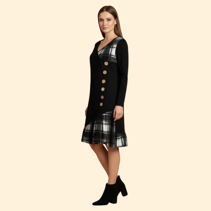 Women's Long Sleeve Dress with Plaid Hem
