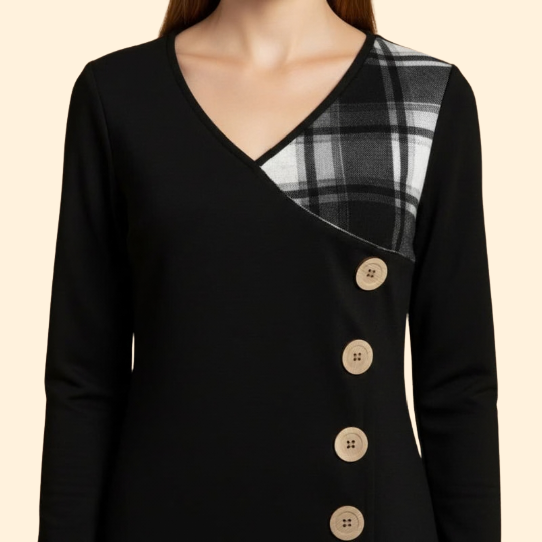 Women's Long Sleeve Dress with Plaid Hem