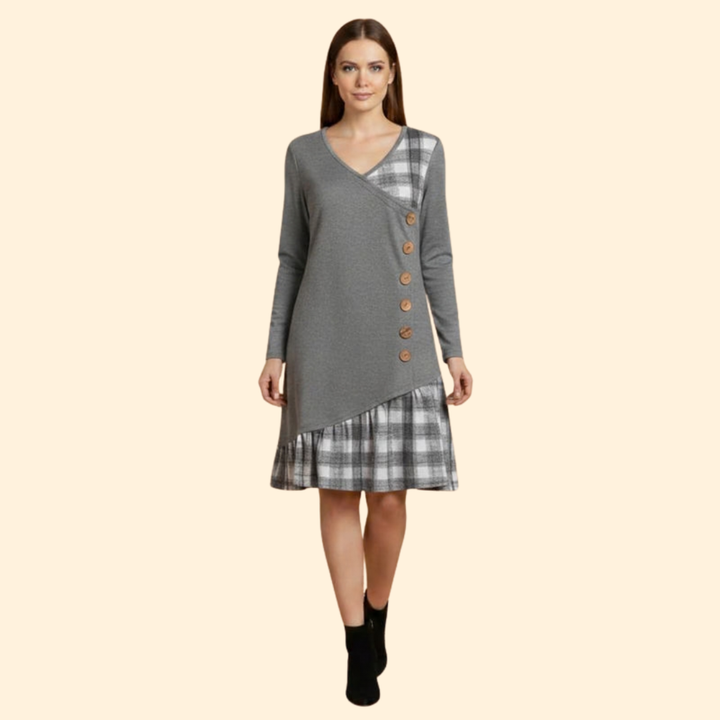 Women's Long Sleeve Dress with Plaid Hem