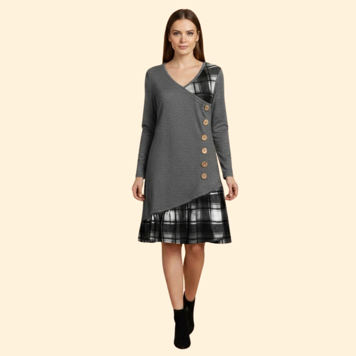 Women's Long Sleeve Dress with Plaid Hem