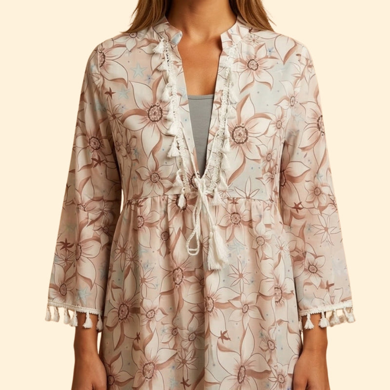 Women’s Long Sleeve Mini Dress with Tassel Tie