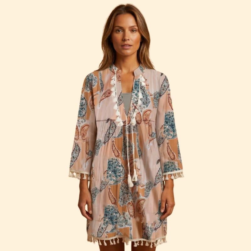 Women’s Long Sleeve Mini Dress with Tassel Tie