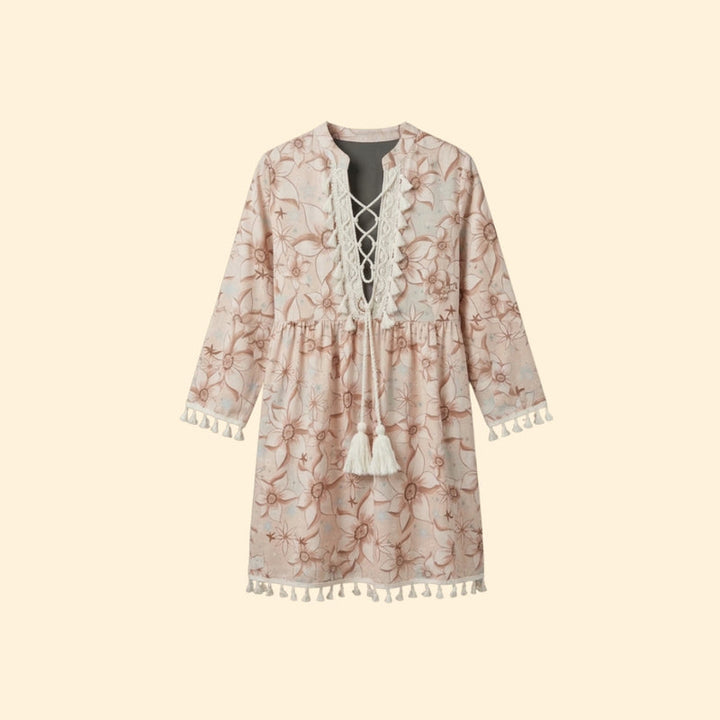 Women’s Long Sleeve Mini Dress with Tassel Tie