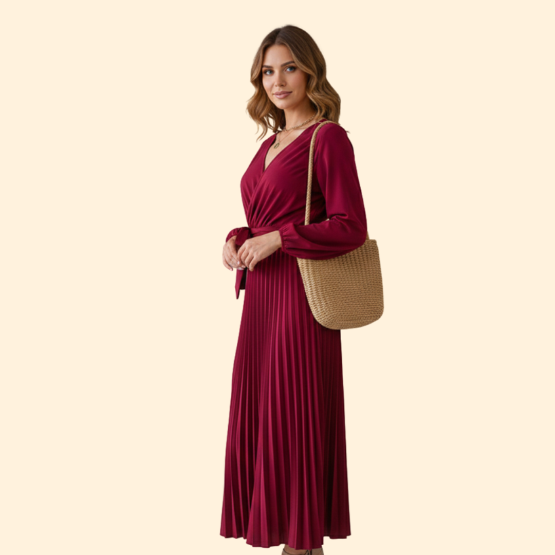 Women’s Long Sleeve Pleated Dress with Belt