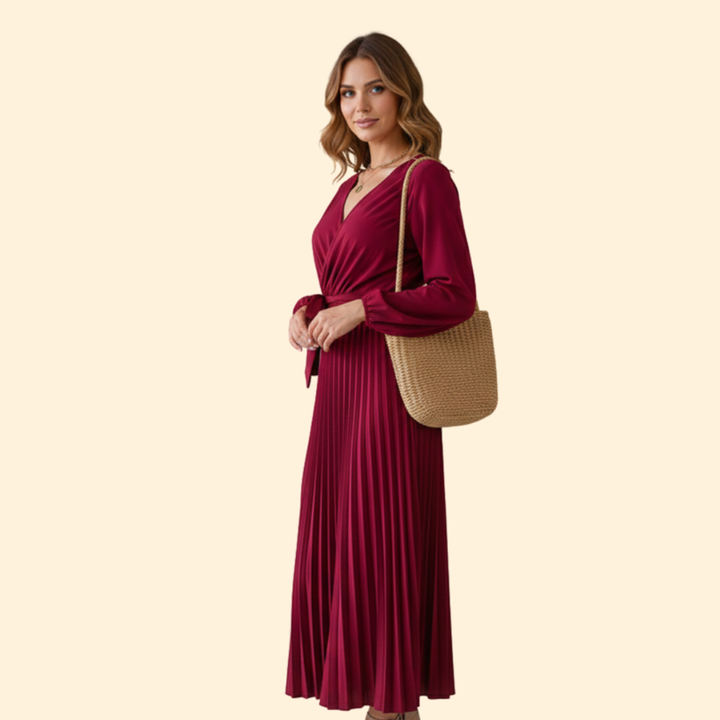 Women’s Long Sleeve Pleated Dress with Belt