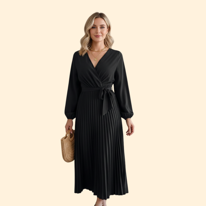 Women’s Long Sleeve Pleated Dress with Belt