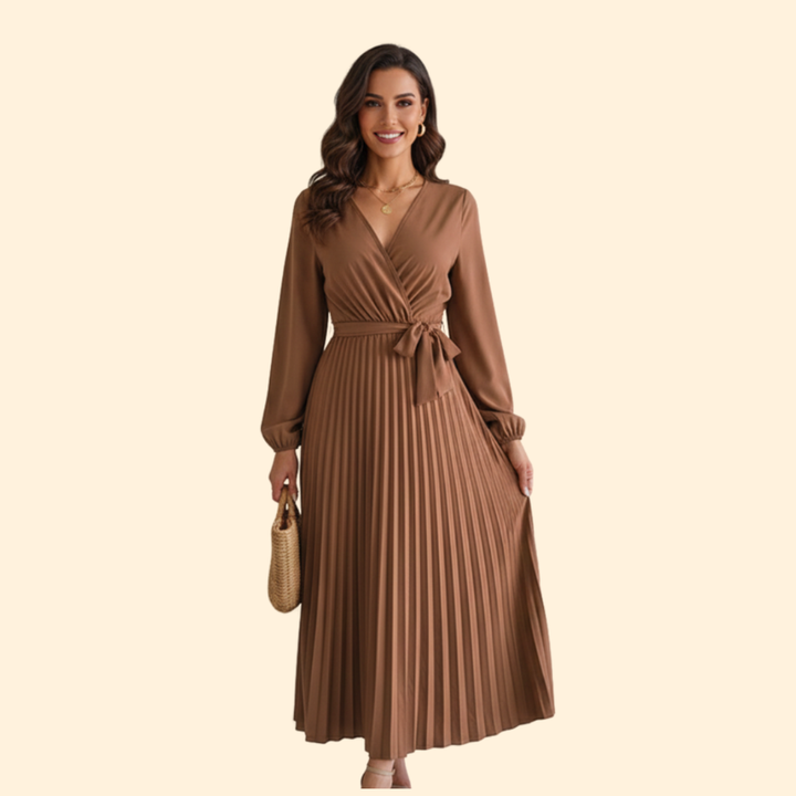 Women’s Long Sleeve Pleated Dress with Belt