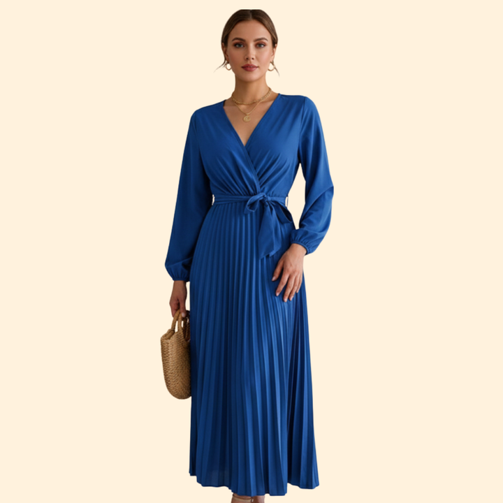 Women’s Long Sleeve Pleated Dress with Belt