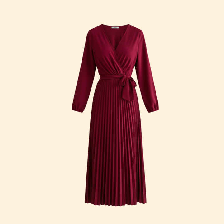 Women’s Long Sleeve Pleated Dress with Belt
