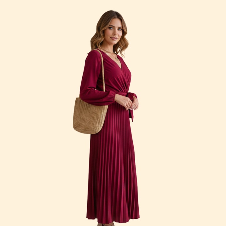 Women’s Long Sleeve Pleated Dress with Belt