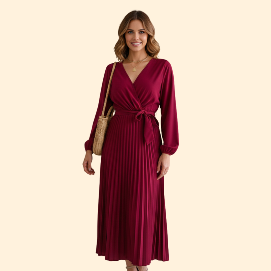 Women’s Long Sleeve Pleated Dress with Belt