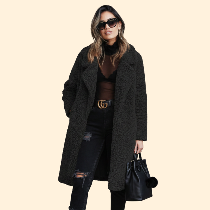 Women’s Long Teddy Coat with Notch Collar