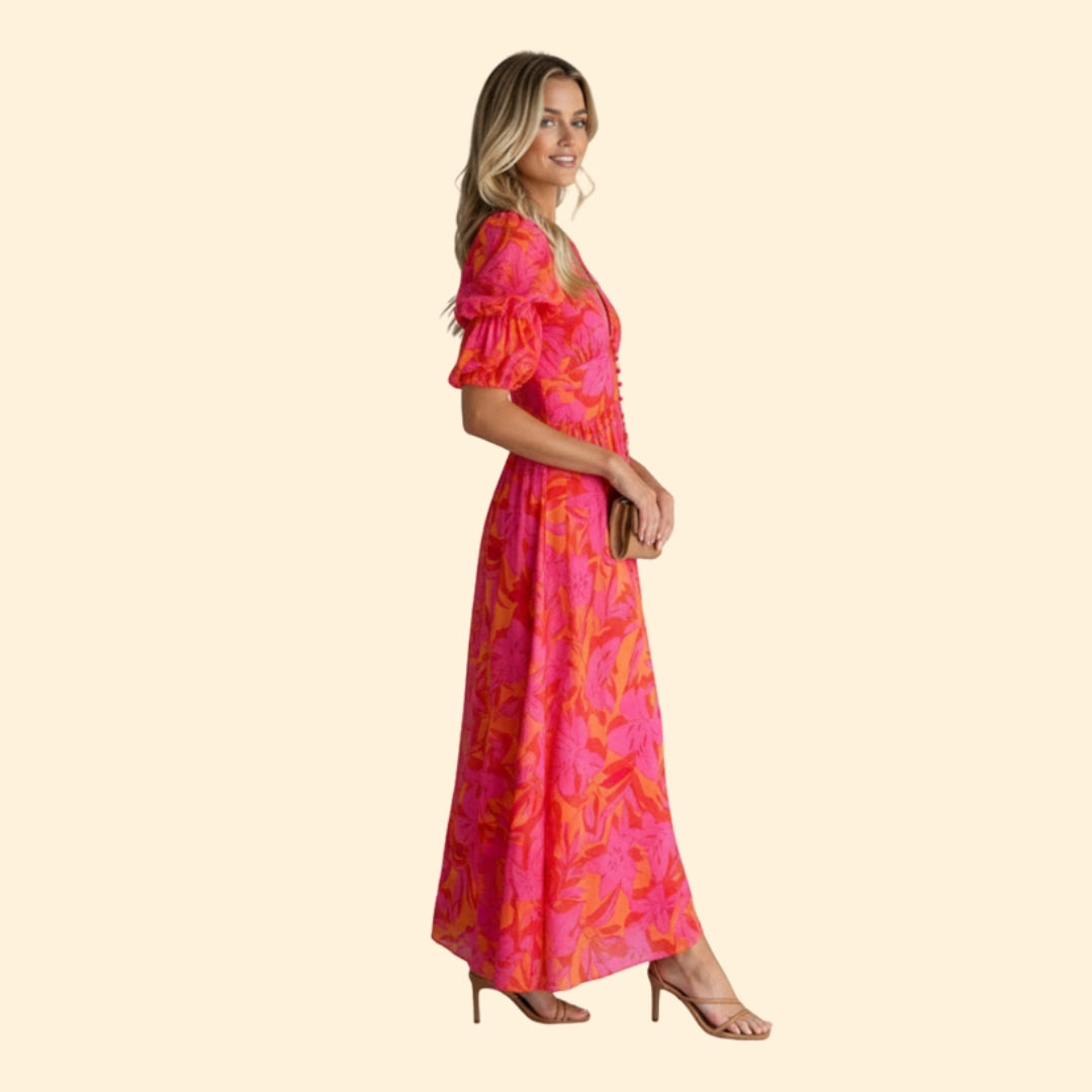 Women’s Maxi Dress with V-Neck and Puff Sleeves