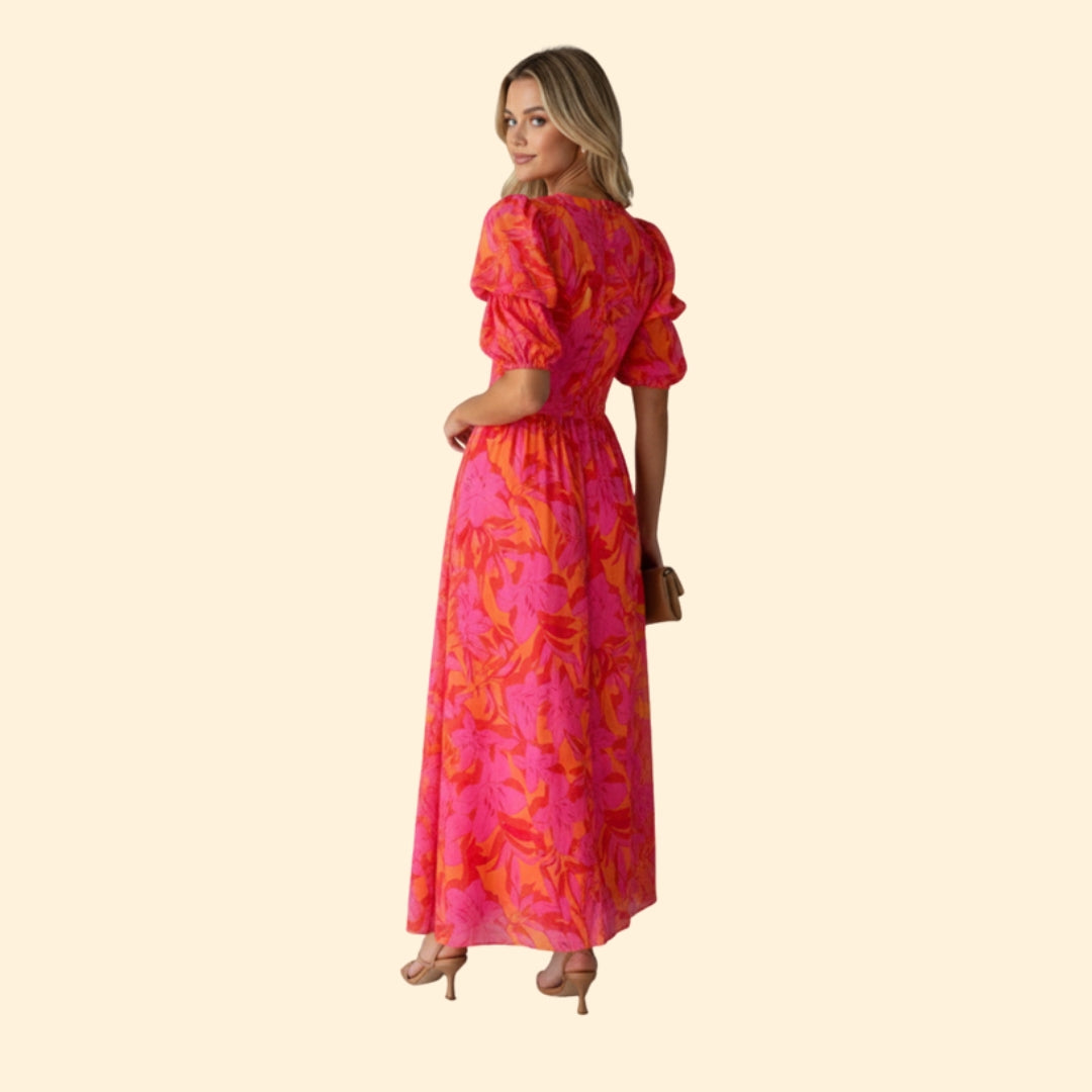 Women’s Maxi Dress with V-Neck and Puff Sleeves