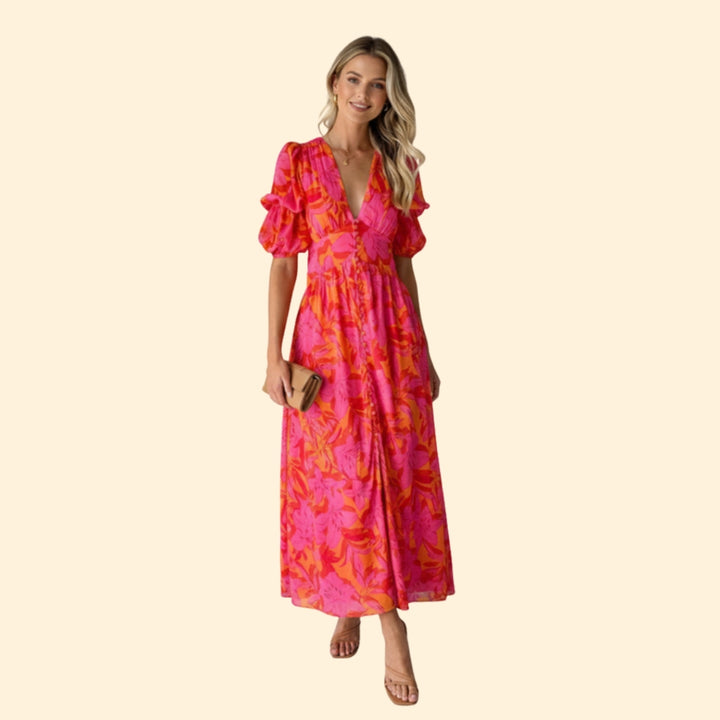 Women’s Maxi Dress with V-Neck and Puff Sleeves
