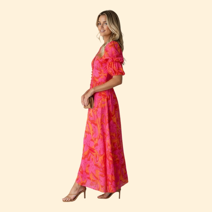 Women’s Maxi Dress with V-Neck and Puff Sleeves