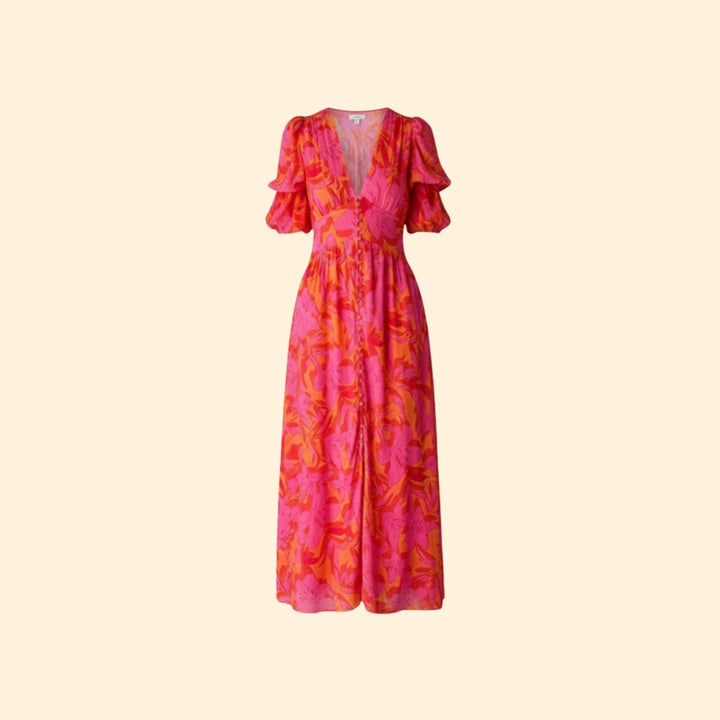 Women’s Maxi Dress with V-Neck and Puff Sleeves