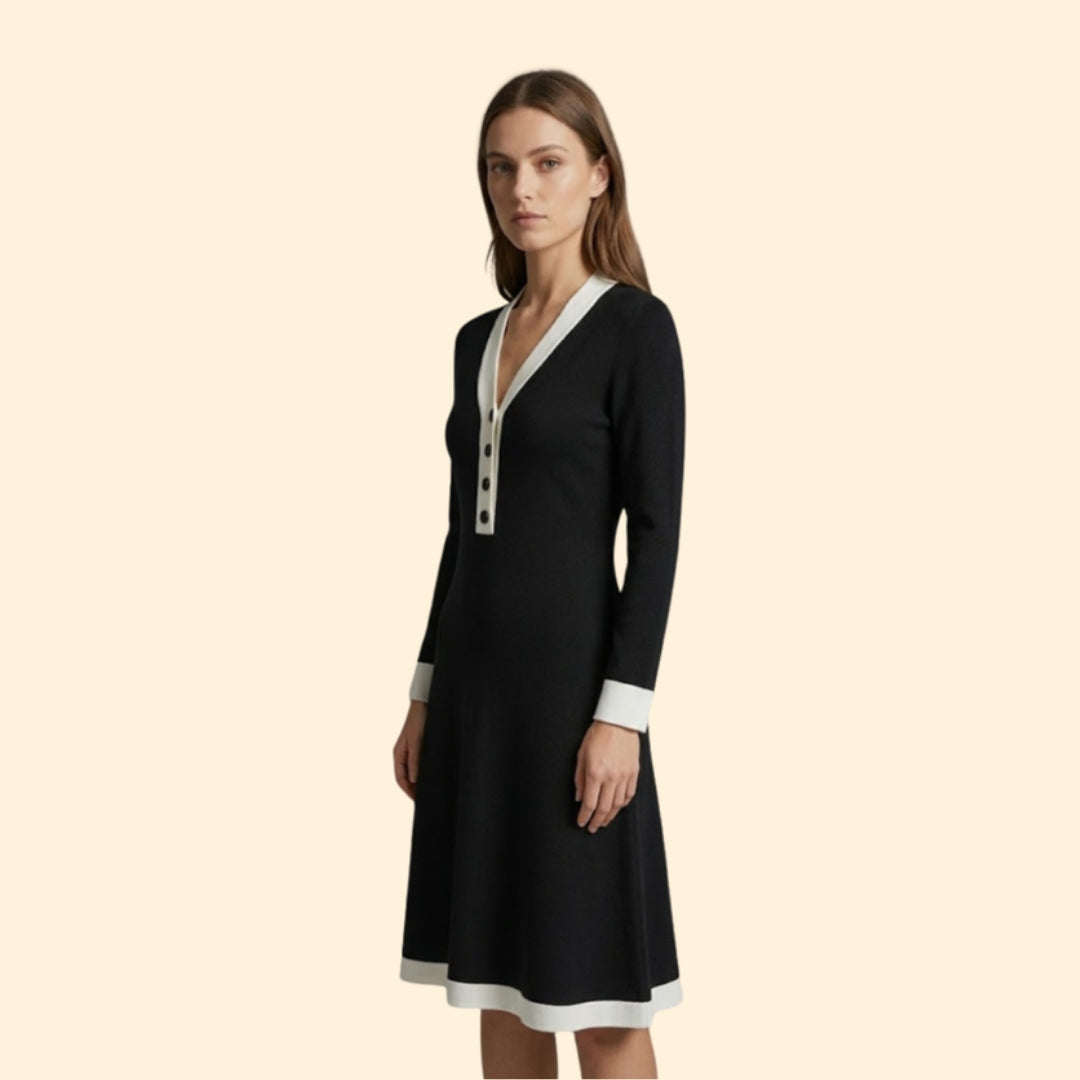 Women’s Midi Dress with Contrast V-Neckline