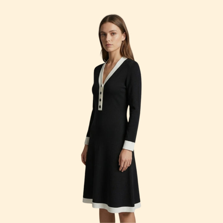 Women’s Midi Dress with Contrast V-Neckline