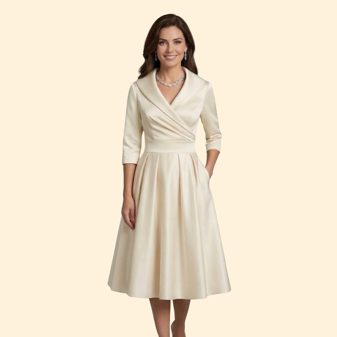 Women’s Midi Dress with Pleated Shawl Collar