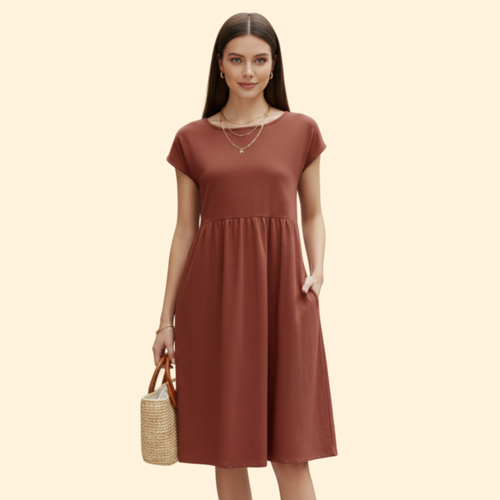 Women’s Midi Dress with Pockets and Boat Neckline