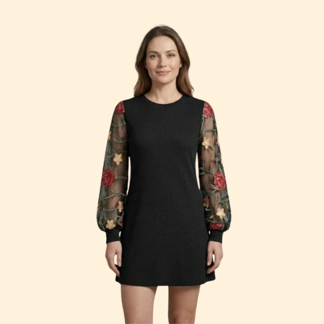 Women's Mini Dress with Floral Bishop Sleeves