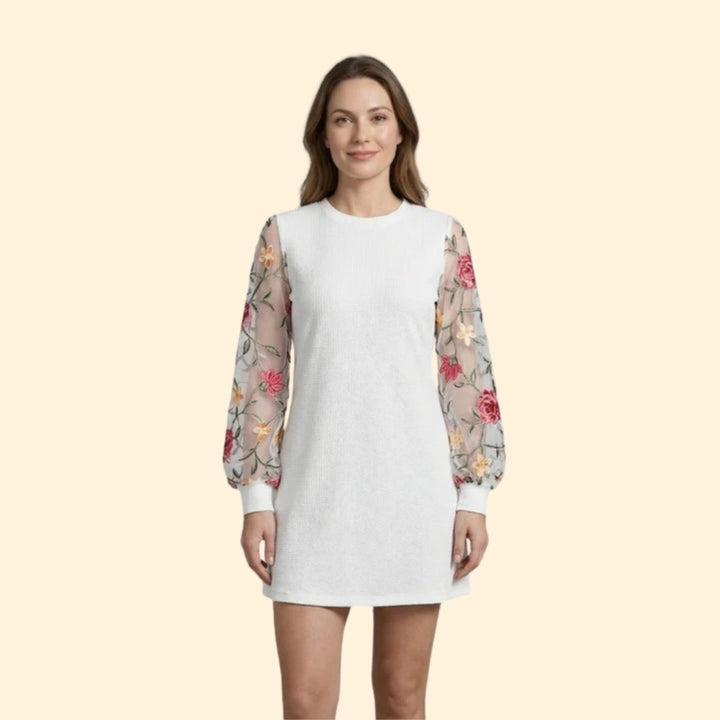 Women's Mini Dress with Floral Bishop Sleeves