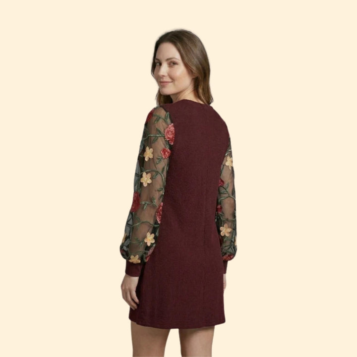 Women's Mini Dress with Floral Bishop Sleeves