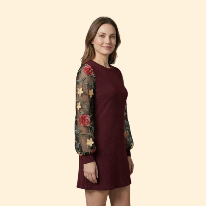 Women's Mini Dress with Floral Bishop Sleeves
